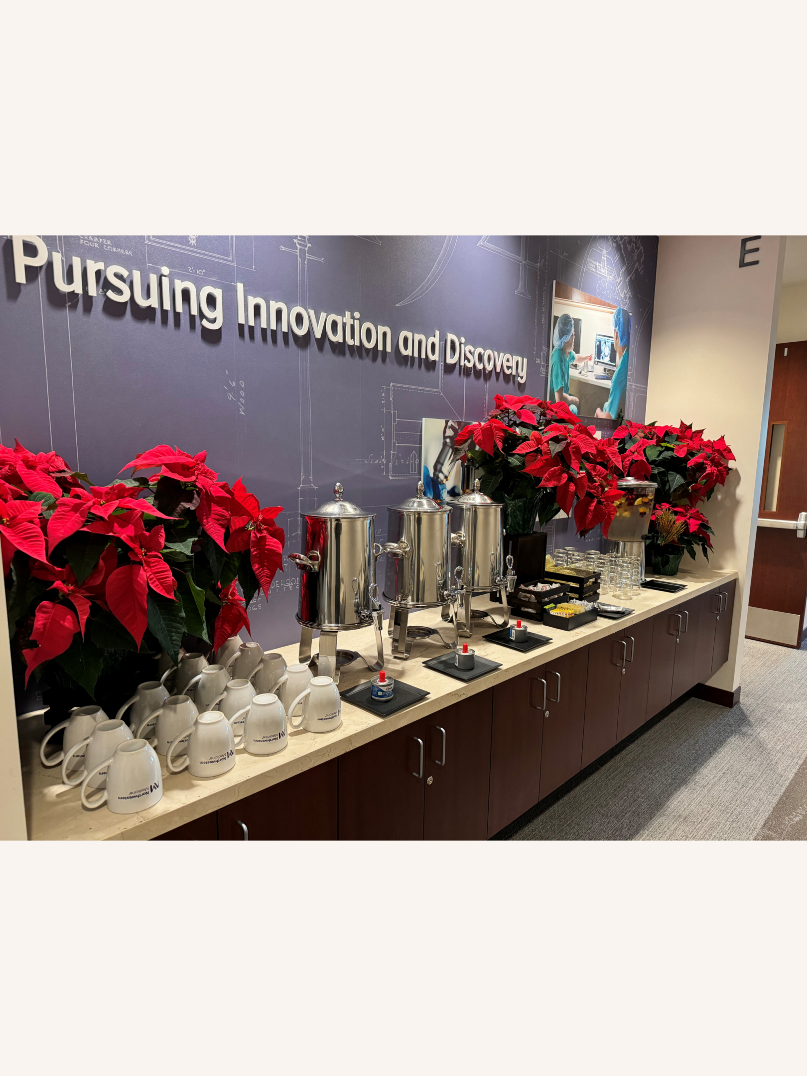 Coffee station with poinsettias and mugs.