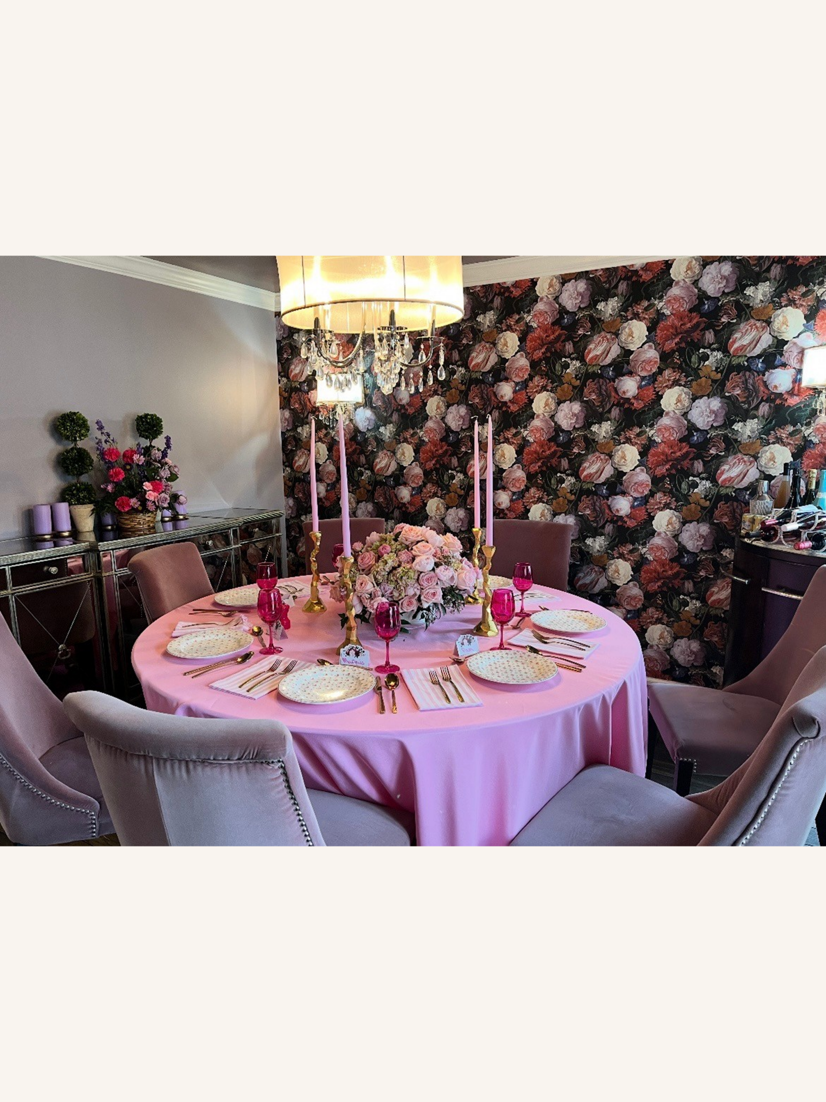 Elegant dining room with floral decor.